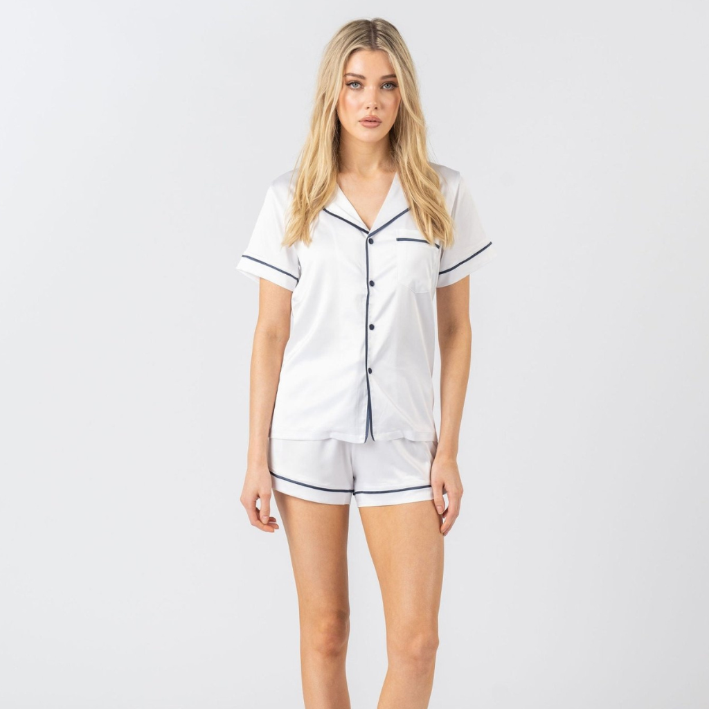 Short Sleeve Pyjama Set - White/Navy Blue