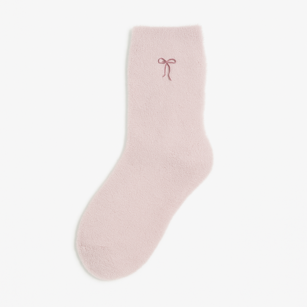 Fluffy Bow Socks - Light Pink