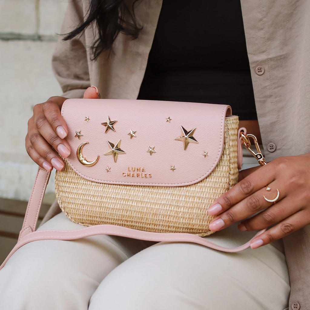 Elena Star Studded Rattan Handbag - Pink