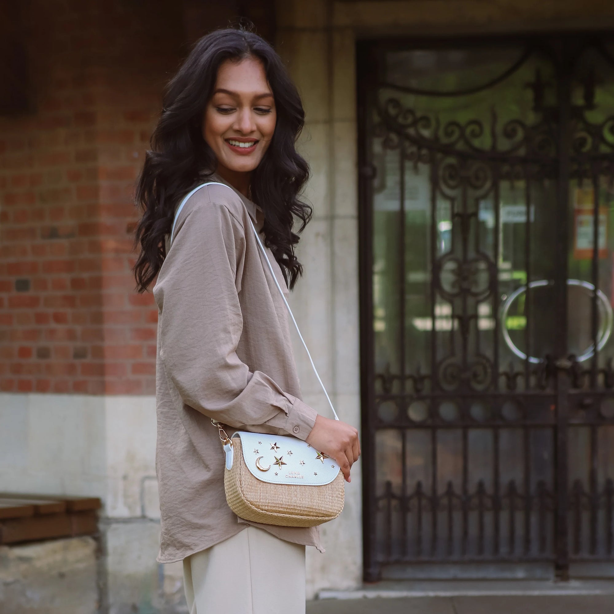 Elena Star Studded Rattan Handbag - White