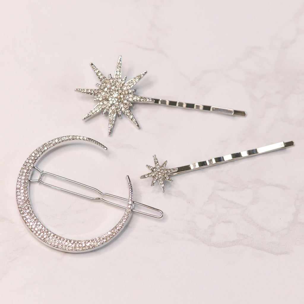 Juno Moon & Star Hair Clip Set - Silver
